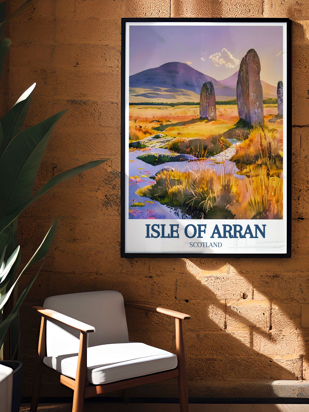 Machrie Moor Standing Stones depicted in this captivating canvas art, showcasing the mysterious allure of these ancient monuments. The print beautifully captures the stone formations against the backdrop of the Isle of Arran, perfect for history enthusiasts.