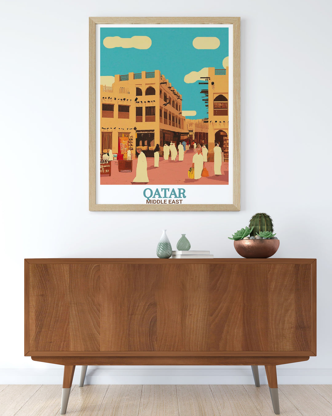 Travel poster of Souq Waqif, Qatars famous marketplace. Featuring the detailed architecture and lively streets of this Middle Eastern gem, the artwork is a perfect addition for travelers and art lovers alike.