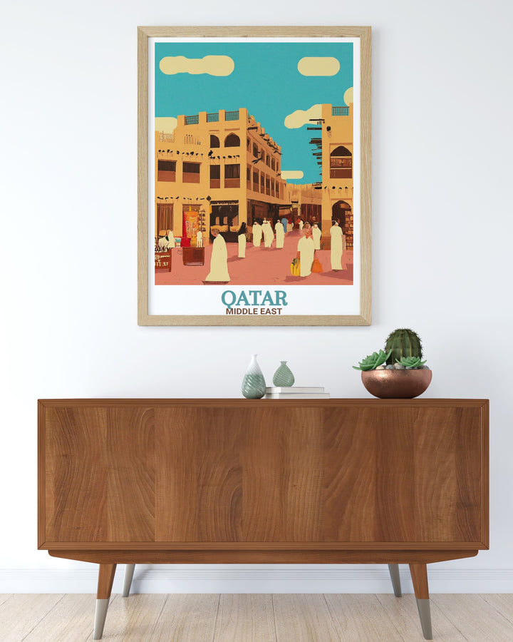 Travel poster of Souq Waqif, Qatars famous marketplace. Featuring the detailed architecture and lively streets of this Middle Eastern gem, the artwork is a perfect addition for travelers and art lovers alike.