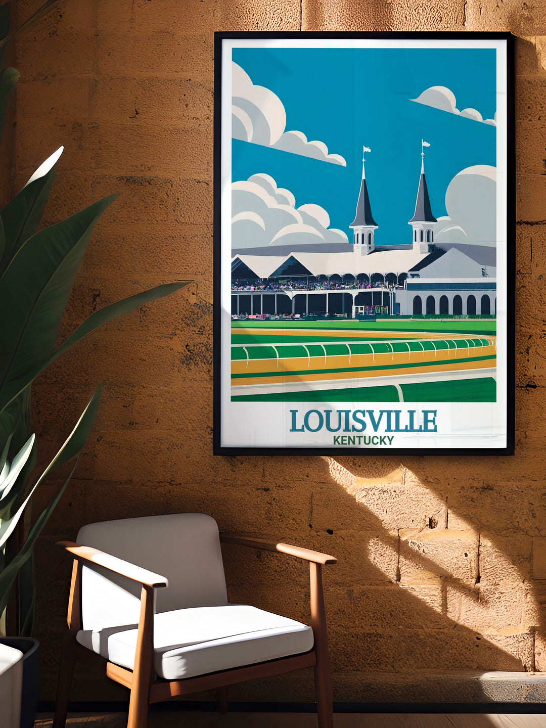 A vintage style poster featuring Louisvilles Churchill Downs, a landmark known worldwide for its role in the Kentucky Derby. The poster captures the excitement of the race and the architectural beauty of Louisvilles skyline, perfect for any home or office.