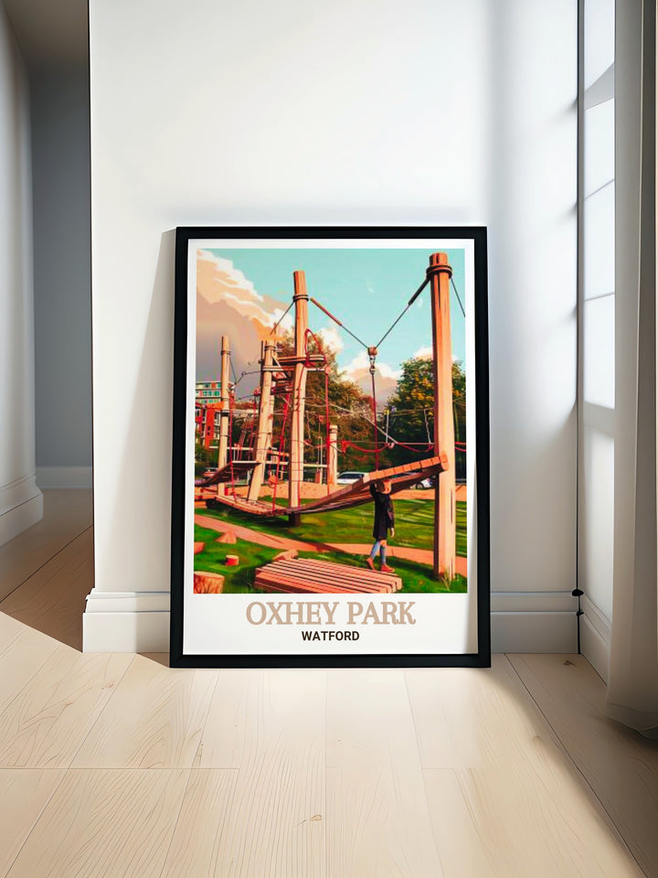 Oxhey Park Playground Poster Print showcases the serene beauty of Watfords River Colne and lush surroundings perfect for adding a touch of nature to your home decor ideal for fans of Oxhey Park Print and Hertfordshire landscapes.