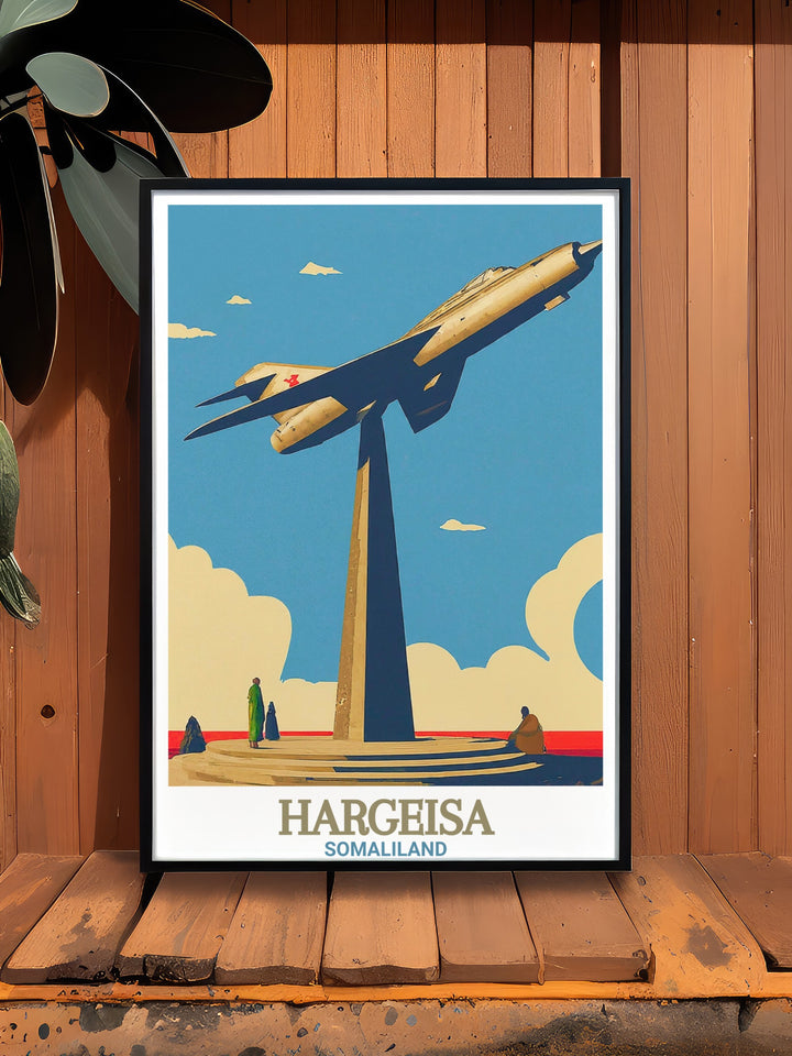 Our MIG Jet Monument poster print features the bold lines and historic significance of this iconic landmark in Hargeisa. This travel art piece combines the past and present of Somaliland, making it a perfect gift or décor for lovers of African culture.