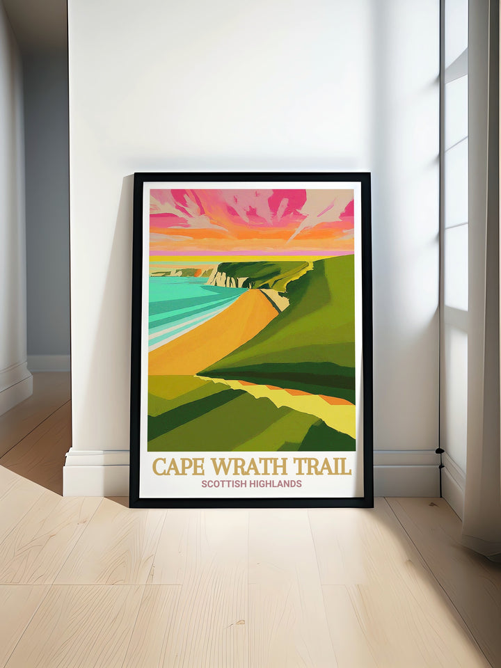 Cape Wrath Trail Poster Print brings the beauty of Scotlands wild Highlands to life, showcasing the remote Cape Wrath Trail and the rugged coastline of Sandwood Bay. Perfect for adventurers and nature lovers, this artwork adds a touch of Scotlands untamed beauty to any space.