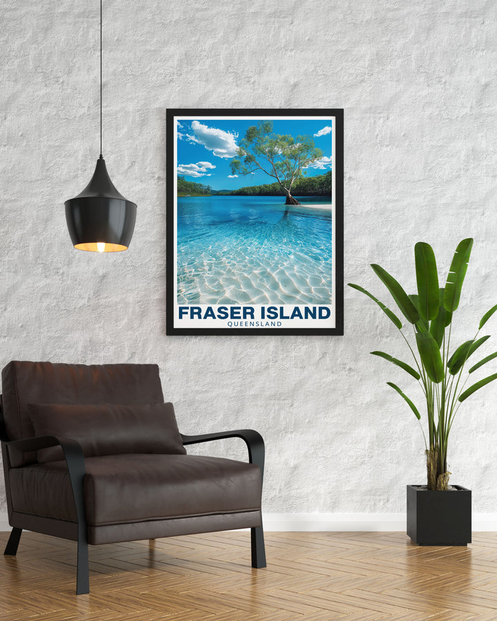 Fraser Island Poster with LakeMcKenzie offers a serene view of one of Queenslands most beautiful destinations. The tranquil waters and surrounding greenery make this artwork an ideal addition to any home while providing a peaceful escape into nature.