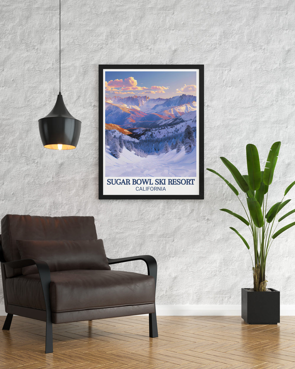 Enjoy the elegance of Sierra Nevada mountains Modern Prints in your home capturing the thrilling experience of skiing at the Sugar Bowl Ski Area