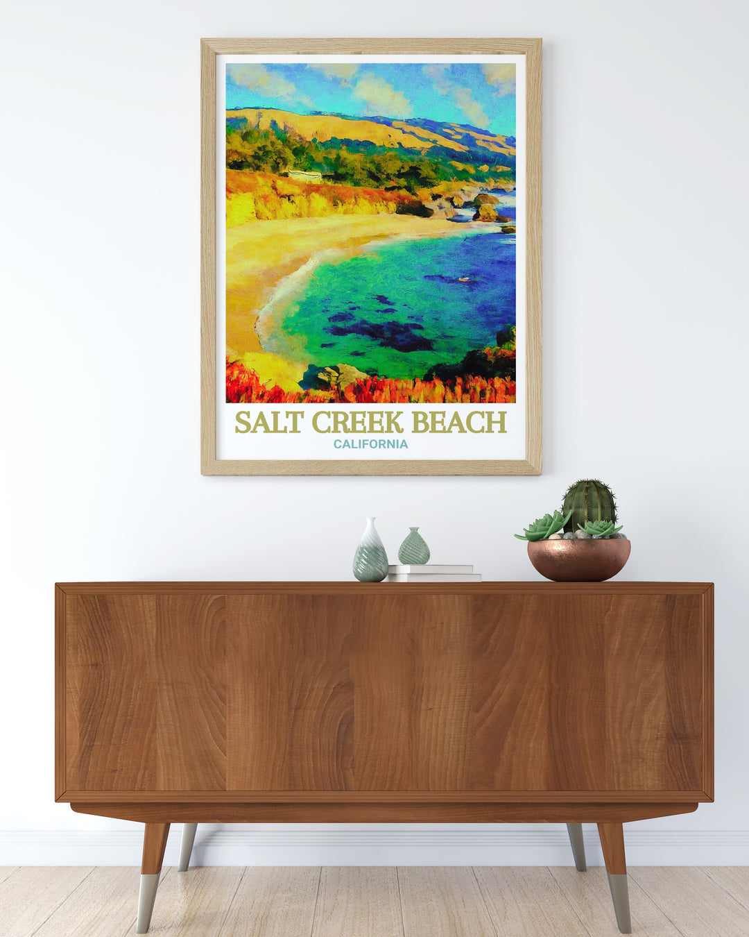 Celebrate the beauty of Californias Salt Creek Beach with this detailed print. The artwork highlights the serene landscape where the ocean meets the shore, offering a perfect piece for those who love coastal decor. Add a touch of Californias charm to your space with this captivating print.