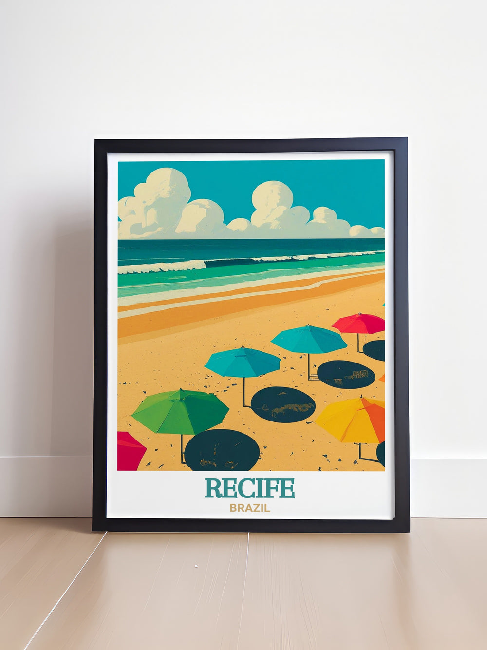 Recifes famous Boa Viagem Beach in a high quality art print. Featuring soft sands and clear waters, this poster brings the tranquility and vibrancy of this Brazilian landmark into your home, creating a relaxing, tropical vibe.