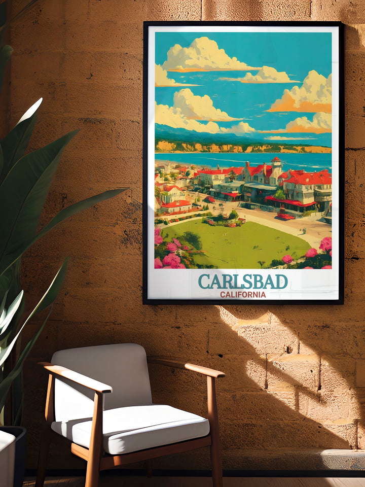 Featuring a detailed map of Carlsbad Village, this vintage inspired poster is perfect for adding a coastal touch to your decor. Its clean design and soft colors make it a versatile piece for any space, from living rooms to home offices.