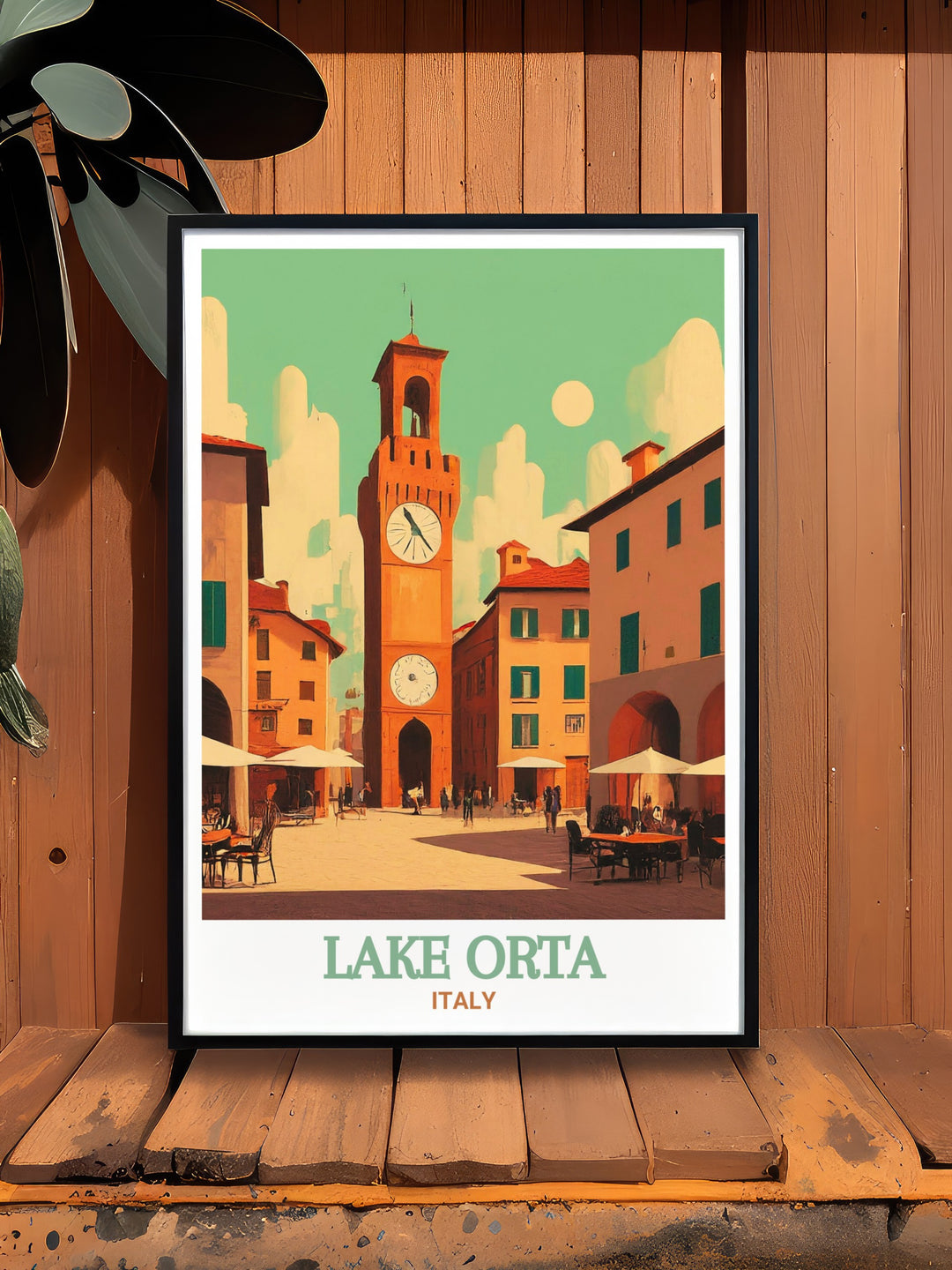 Piazza Mottas vibrant market life and the peaceful shores of Lake Orta come together in this stunning travel print. This art poster offers a glimpse into the heart of Orta San Giulio, perfect for those who appreciate the unique beauty of Italian landscapes and bustling village life.