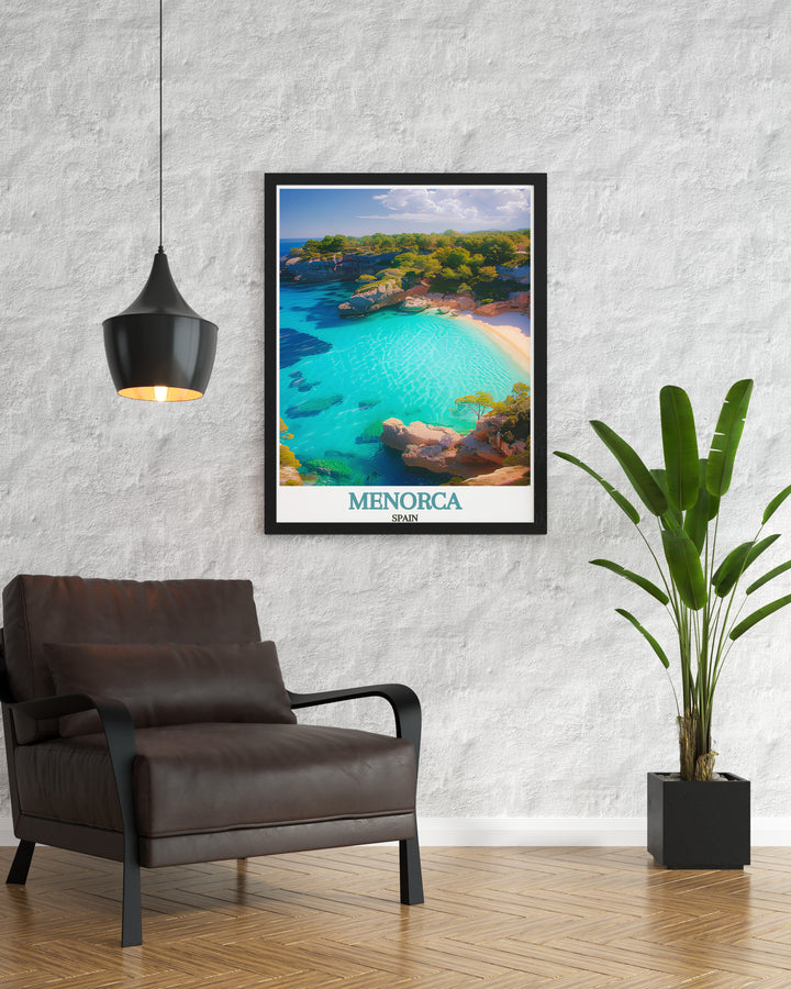 Cala Macarella modern decor print showcasing Menorcas pristine beach and clear waters making it a perfect Spain travel print to elevate your living room and wall decor.