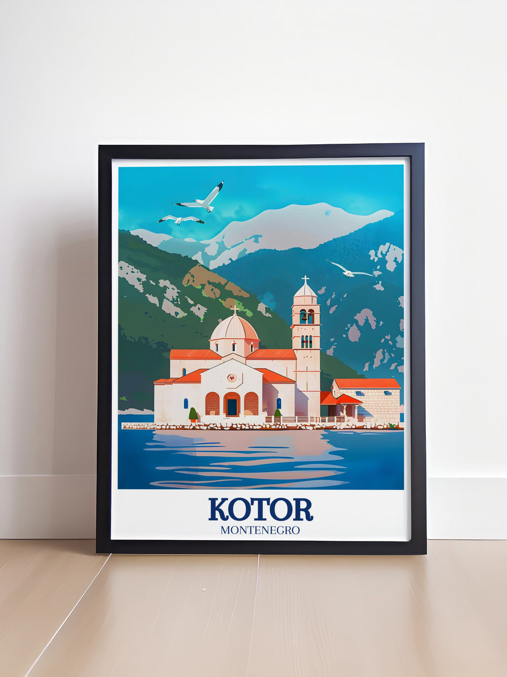 A vibrant travel print of Kotor Bay featuring the iconic Our Lady of the Rocks and the picturesque Perast coast, ideal for travelers and art lovers who appreciate Eastern European scenery.