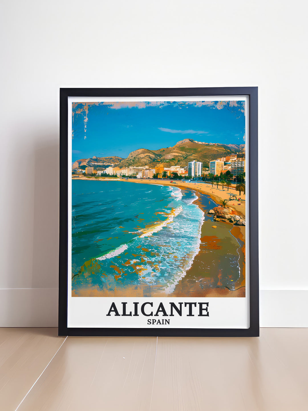 Stunning Alicante Wall Art showcasing the serene Playa de San Juan and Mediterranean Sea in a detailed fine line print ideal for enhancing your living space with a sophisticated and modern aesthetic