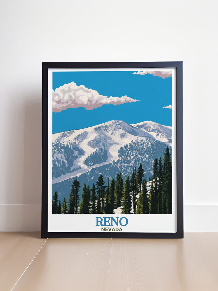 Mt. Rose Ski Tahoe framed art poster, featuring breathtaking views of Slide Mountain and the surrounding Sierra Nevada range. Ideal for decorating your home or giving as a gift to skiing enthusiasts, this print captures Nevadas winter beauty.