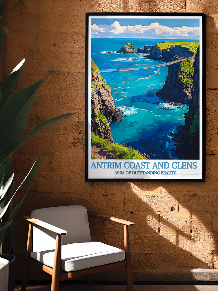 Ireland travel print featuring the iconic Carrick a Rede Rope Bridge, perfect for those who love Irish culture and landscapes.