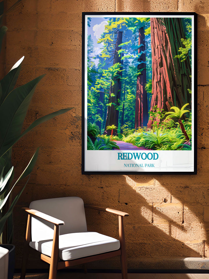 Redwood artwork featuring Grove of the Titans with intricate details of Californias towering trees perfect for unique home gifts and sophisticated decor