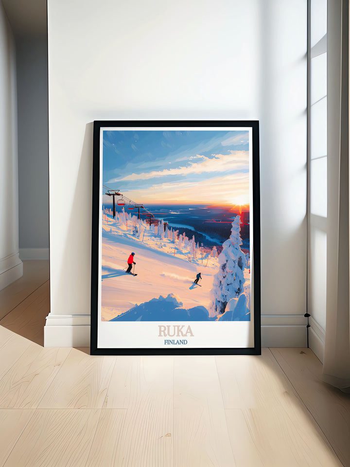 Ruka Ski Slopes Modern Prints showcasing the stunning landscapes of Ruka Finland and Levi Lapland Finland perfect for any living room decor ideal for skiing enthusiasts seeking elegant Scandinavian wall art