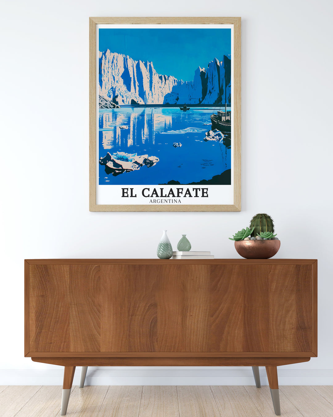 Enhance your wall decor with this stunning travel print of El Calafate and the Perito Moreno Glacier. Whether displayed in a living room, bedroom, or office, this art piece offers a vibrant glimpse of Argentinas Patagonia region. Perfect for those who dream of adventure and exploring new places.