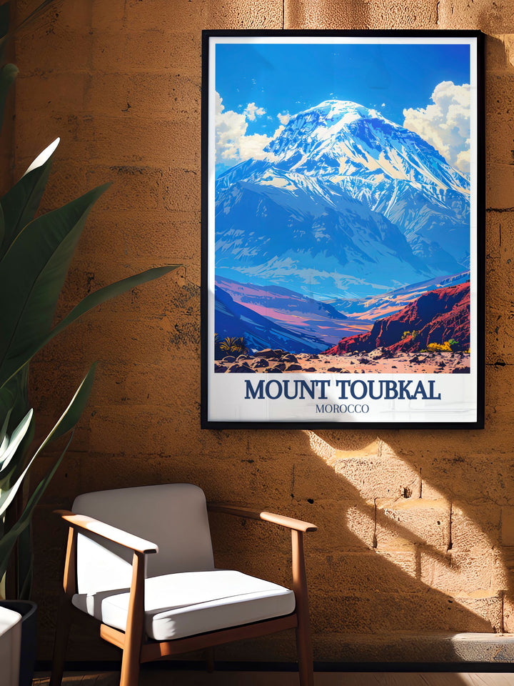 Add a touch of adventure to your walls with this High Atlas mountains artwork featuring detailed illustrations of Moroccos highest peaks and valleys a perfect framed print for home decor and an excellent gift for those who dream of trekking in the Atlas Mountains.