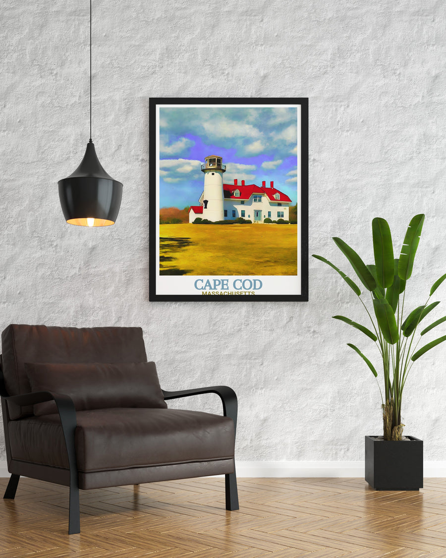 This Chatham Lighthouse travel poster is perfect for anyone who loves Cape Cods maritime history. With its detailed design and vivid colors, this artwork adds a touch of Massachusetts charm to any wall in your home.