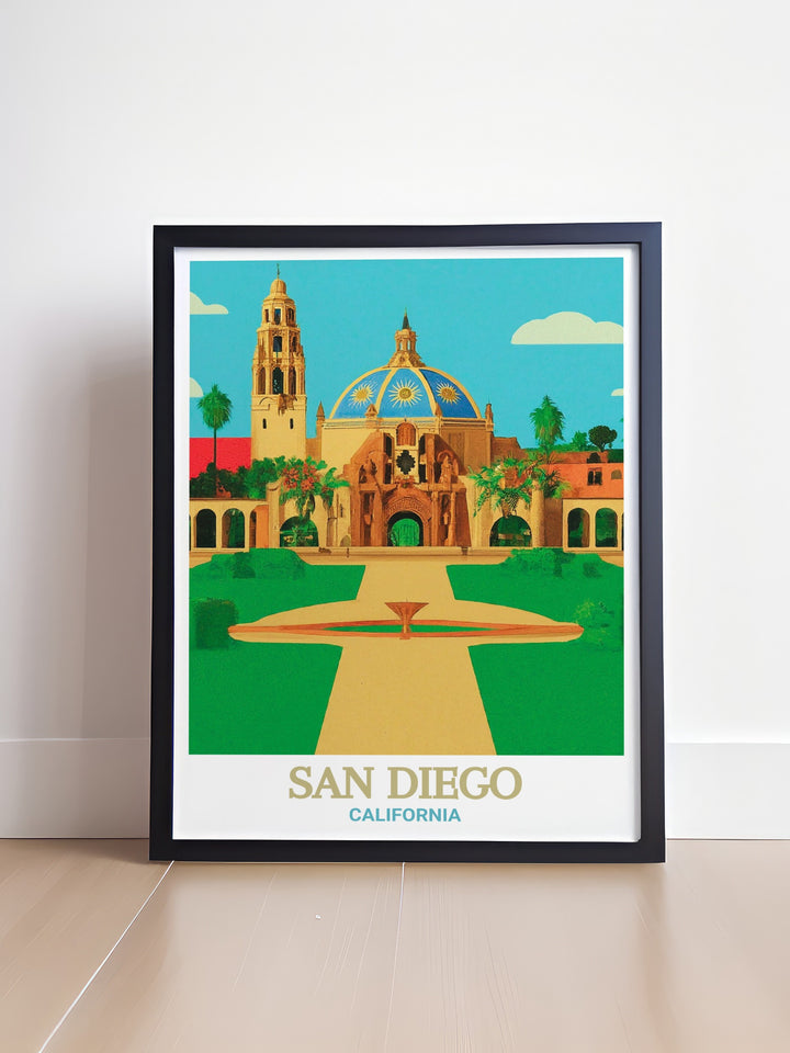 Vintage inspired poster of San Diegos Balboa Park, combining the elegance of Spanish architecture with the tranquility of its gardens. A classic piece for lovers of Californias rich history.