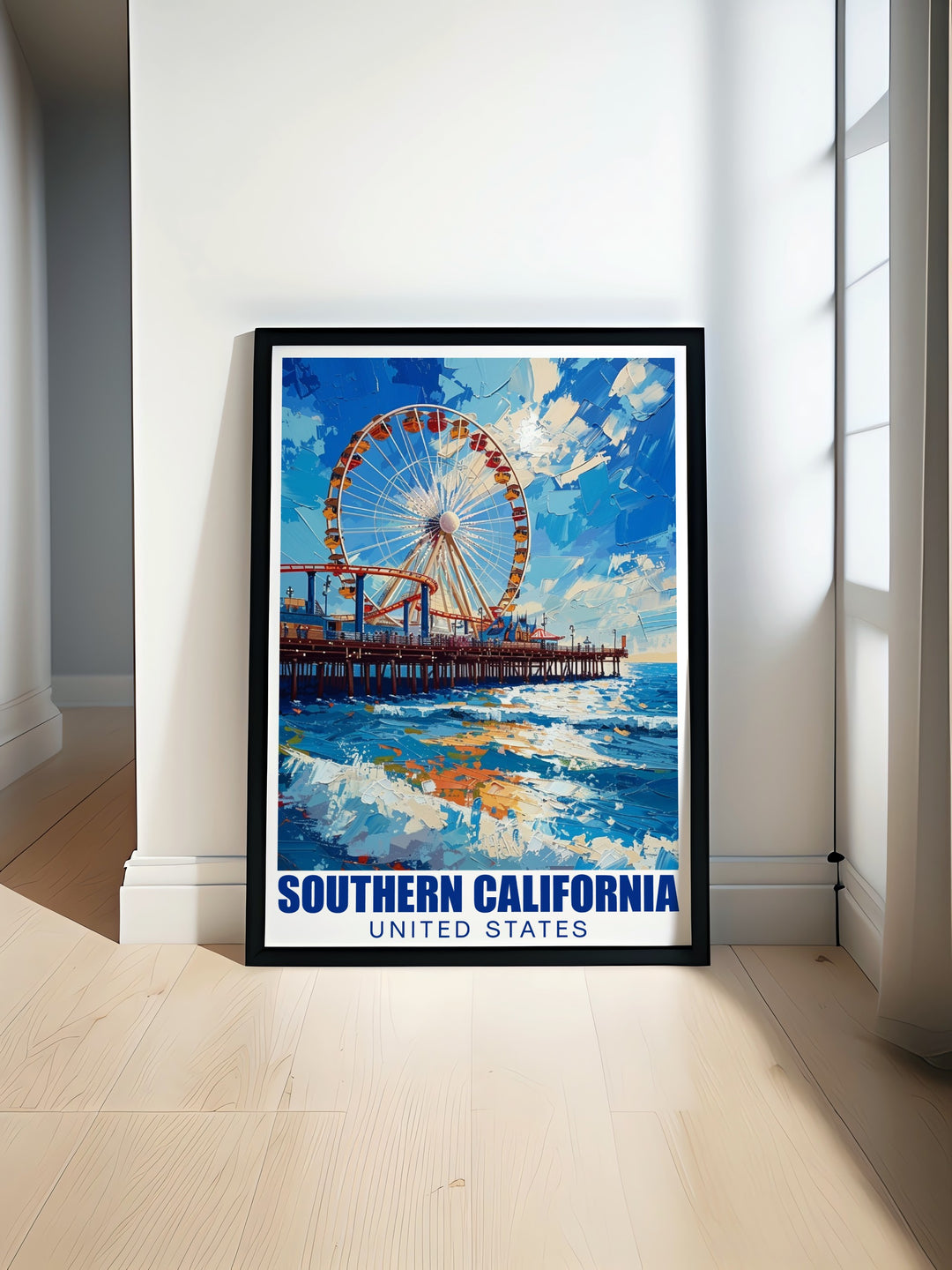 Celebrate the beauty of Southern California with this Santa Monica Pier travel print, showcasing the famous pier and its lively surroundings. A colorful and detailed piece, perfect for adding coastal charm to your home décor.