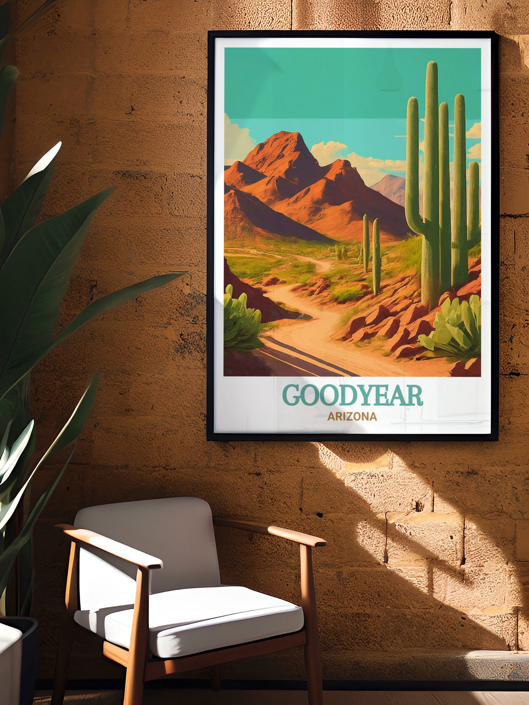 The Estrella Mountain travel print showcases the rugged terrain and vibrant colors of one of Arizonas most popular hiking destinations. The mountains rise majestically against the clear blue sky, offering a view that brings the beauty of the desert into your home. A perfect addition to any nature inspired decor.