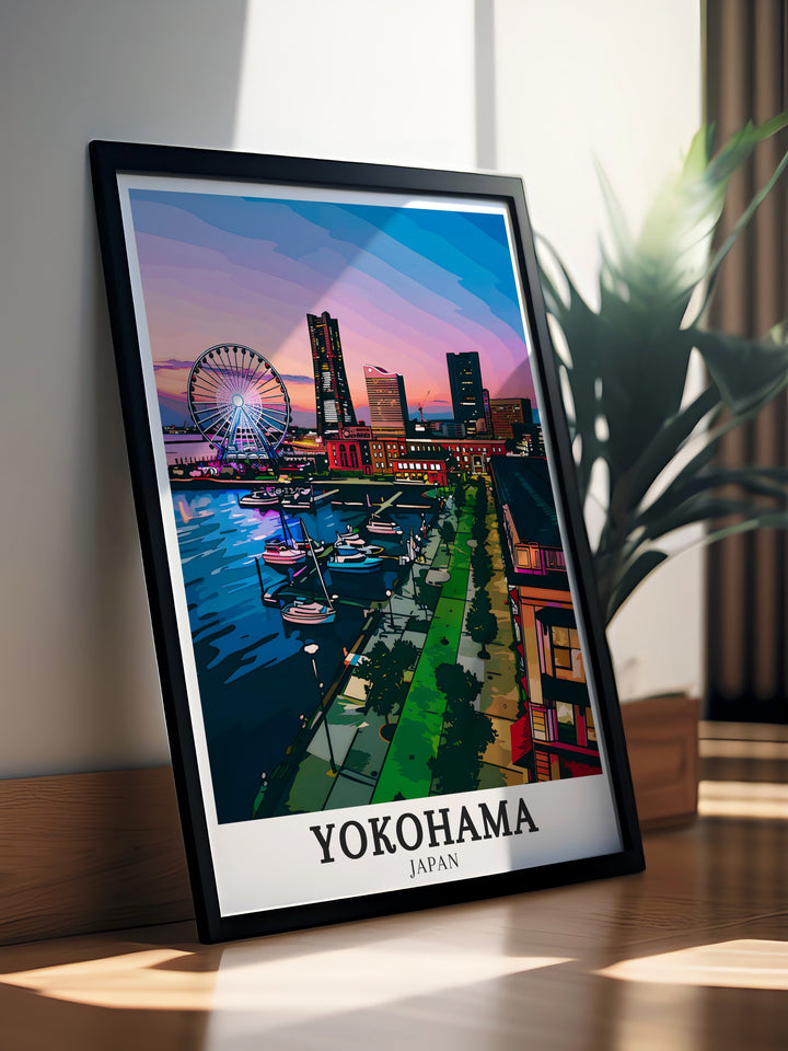 The Ferris wheel in Yokohama, set against the evening sky, is a striking feature of this print. The artwork emphasizes the contrast between the vibrant lights of the Ferris wheel and the tranquil setting of Yamashita Park, creating a visually stunning piece. Ideal for adding depth and cultural significance to your decor.