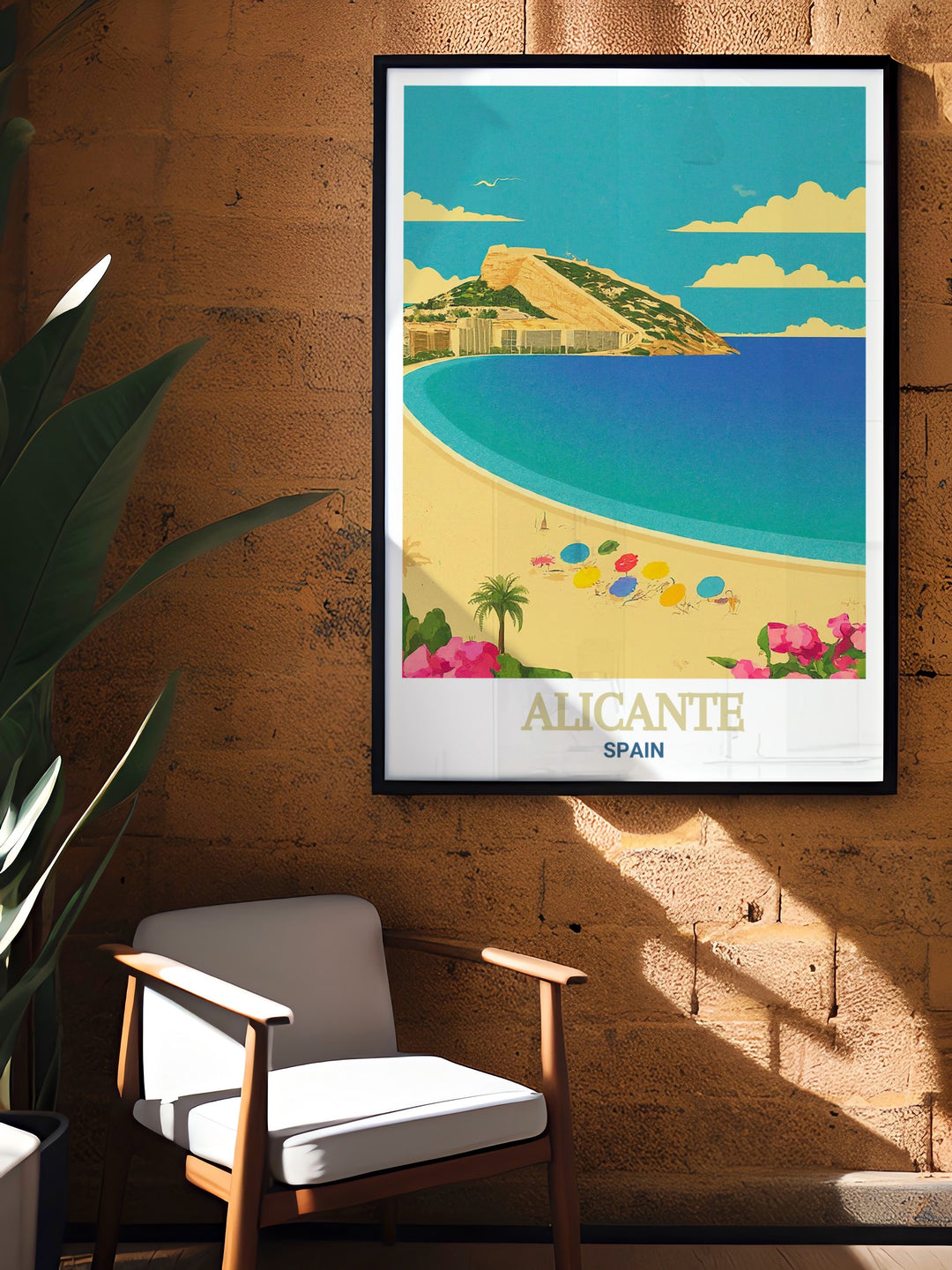 Vintage travel print of Playa del Postiguet in Alicante, showcasing the beachs stunning sandy stretch and clear blue waters. Ideal for adding a touch of elegance and coastal charm to any space, this poster celebrates Alicantes vibrant beach culture.