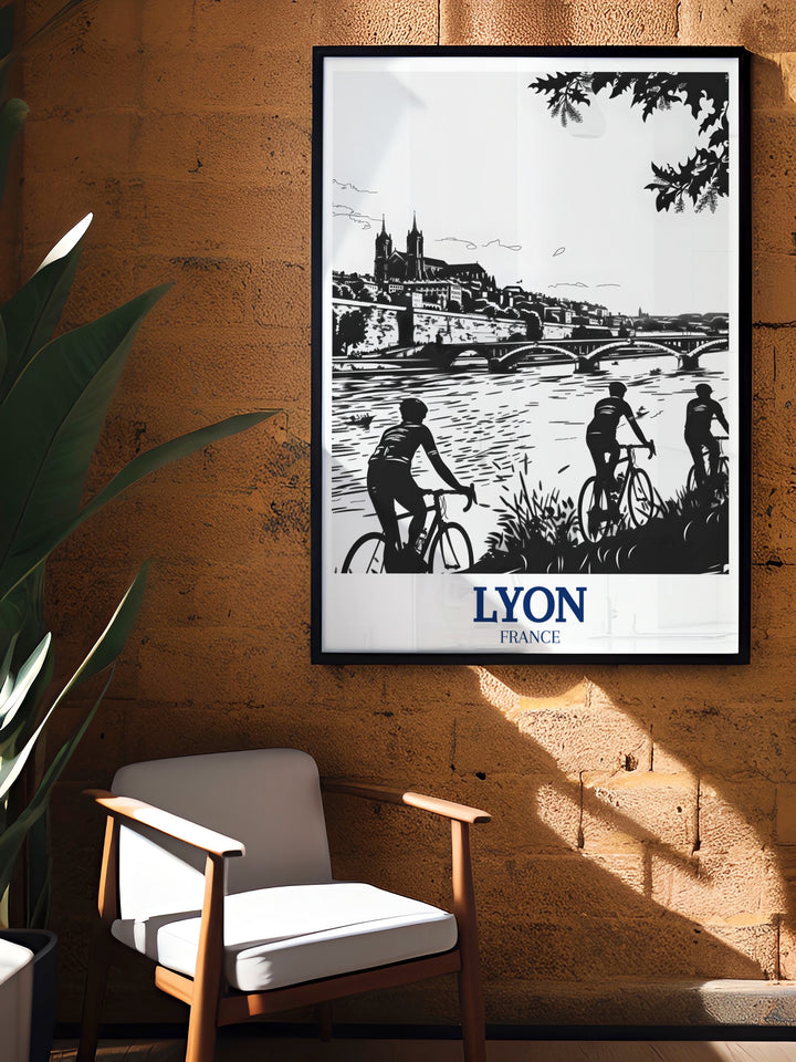 A fine line art poster of Lyon, showcasing the historical Pont de la Guillotière bridge and the flowing Rhône River. This piece of wall art is perfect for those who appreciate the unique blend of modern and classic architecture found in Lyon, France.