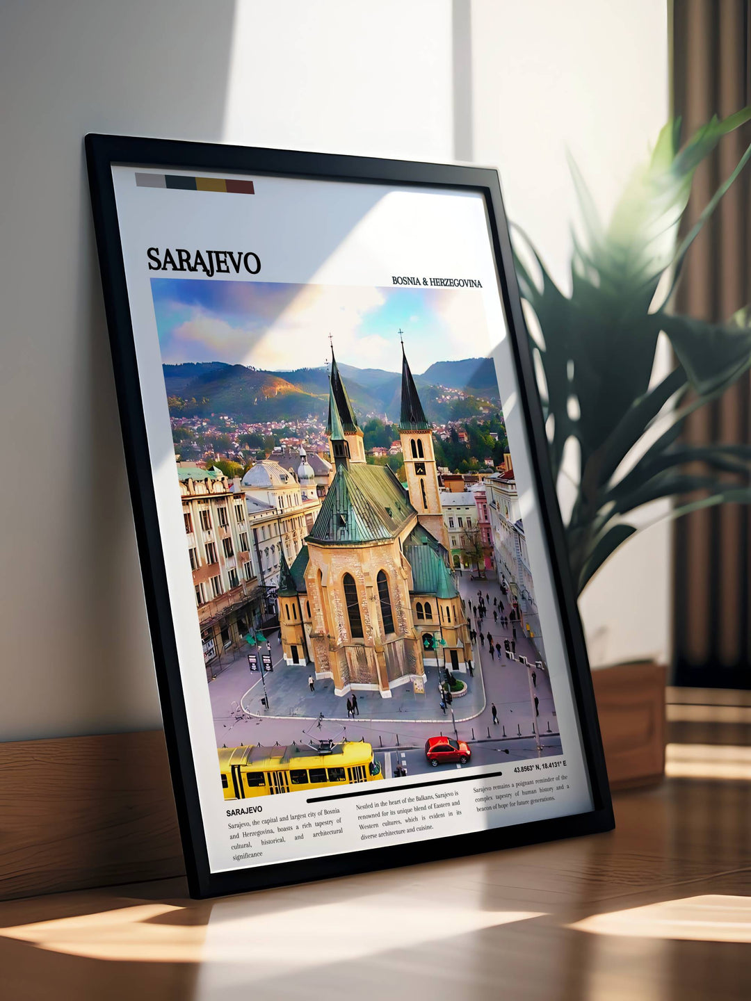 Stunning Sarajevo poster featuring the citys iconic landmarks and scenic views. This piece of Sarajevo wall art is perfect for housewarming gifts and special occasions, adding a touch of elegance and cultural significance to any room in your home or office.