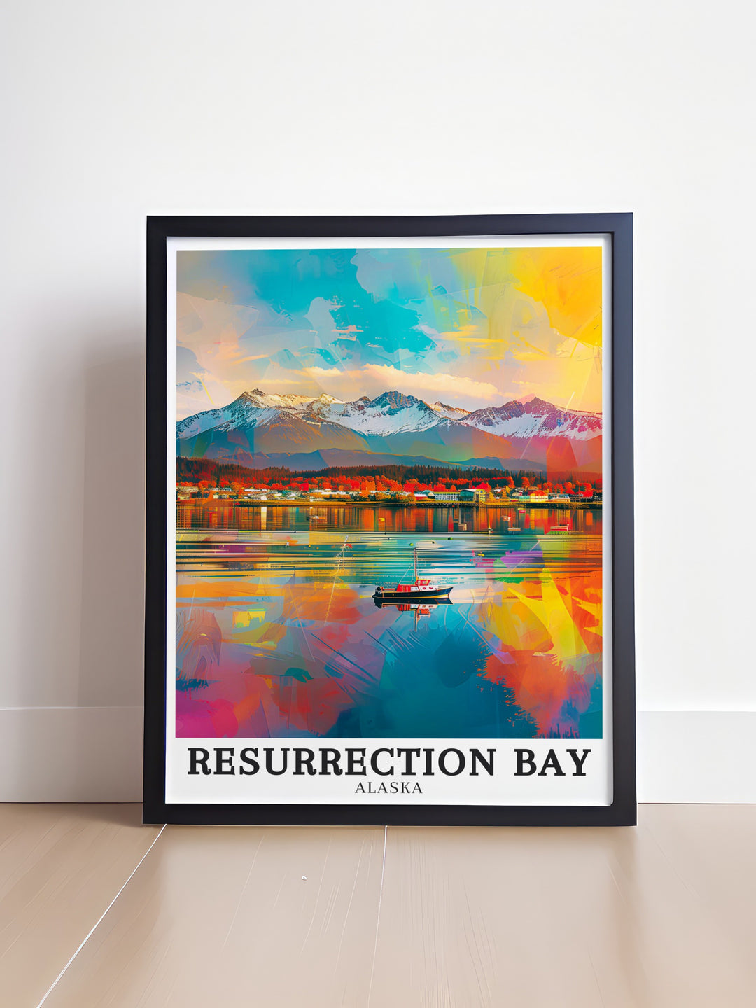 A stunning Alaska travel print highlighting Resurrection Bay, Seward Town, and the Kenai Peninsula. This wall art piece brings the spirit of the Alaskan wilderness into your space, ideal for nature lovers and those with a passion for travel.