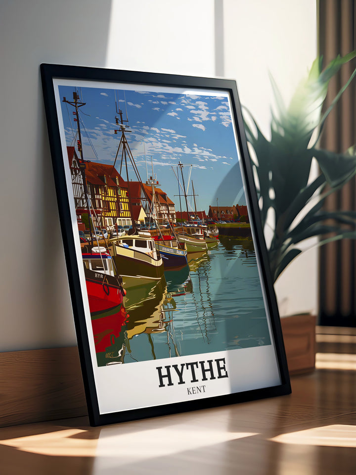 Bring the beauty of Hythe Harbour Southampton into your home with this stunning Kent travel print. The calm waters and charming harbor scene are ideal for those looking to enhance their decor with coastal artwork.