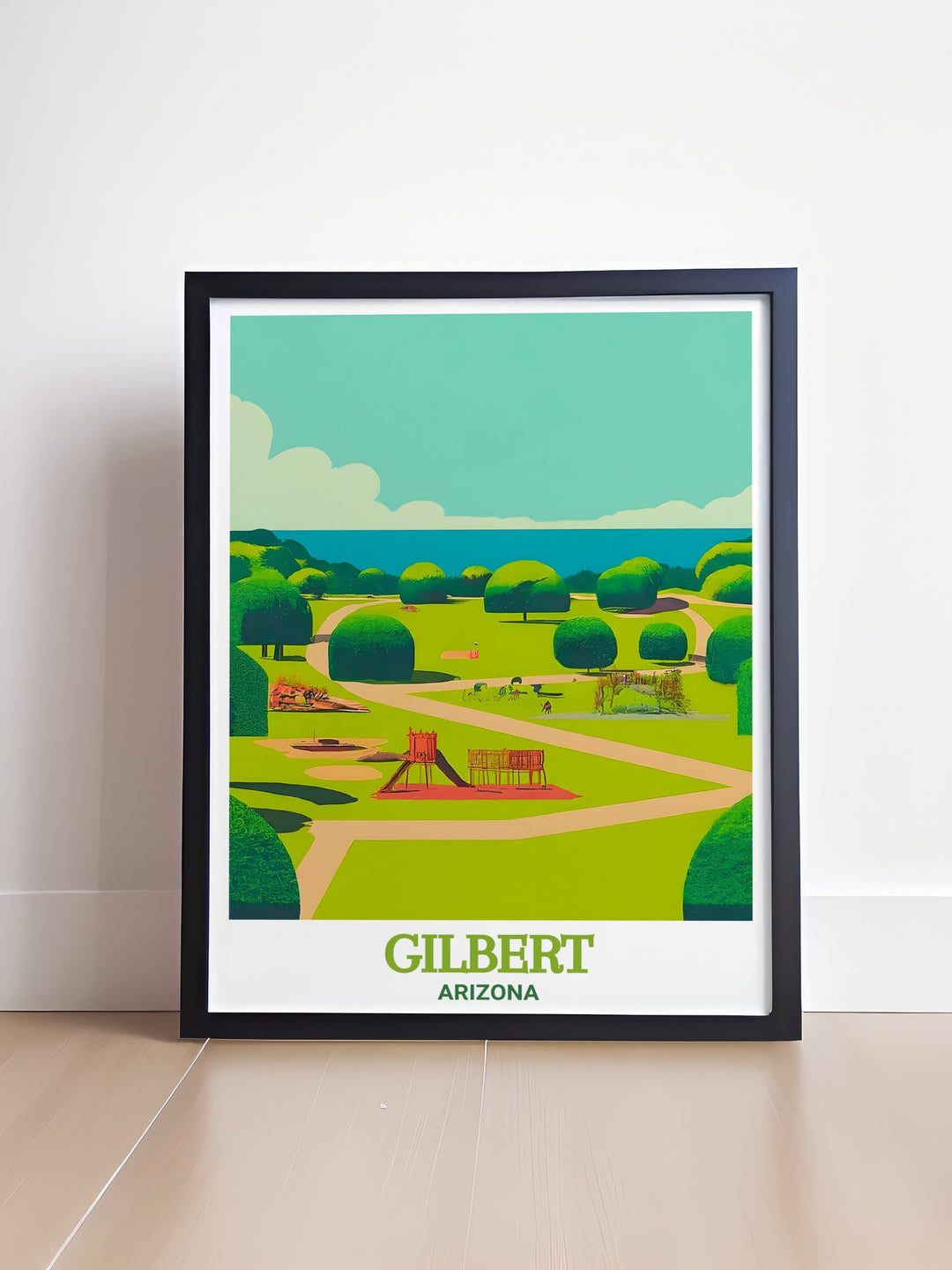 This beautiful Gilbert poster print showcases the serene beauty of Freestone Park in Arizona. The travel print is a perfect addition to your home decor, capturing the vibrant landscapes of Arizonas desert scenery and bringing a touch of the Southwest to any room.