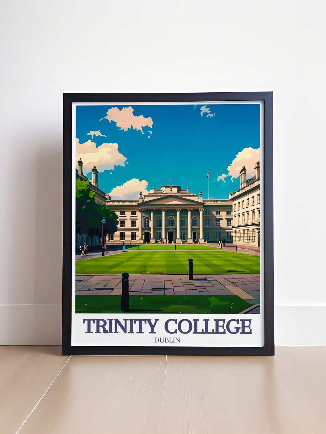 Capture the historic beauty of Trinity College, Cambridge, with this travel poster featuring the iconic Campanile bell tower and cobblestone courtyards. Perfect for adding a touch of academic elegance to your space, this art print is ideal for history and architecture lovers alike.