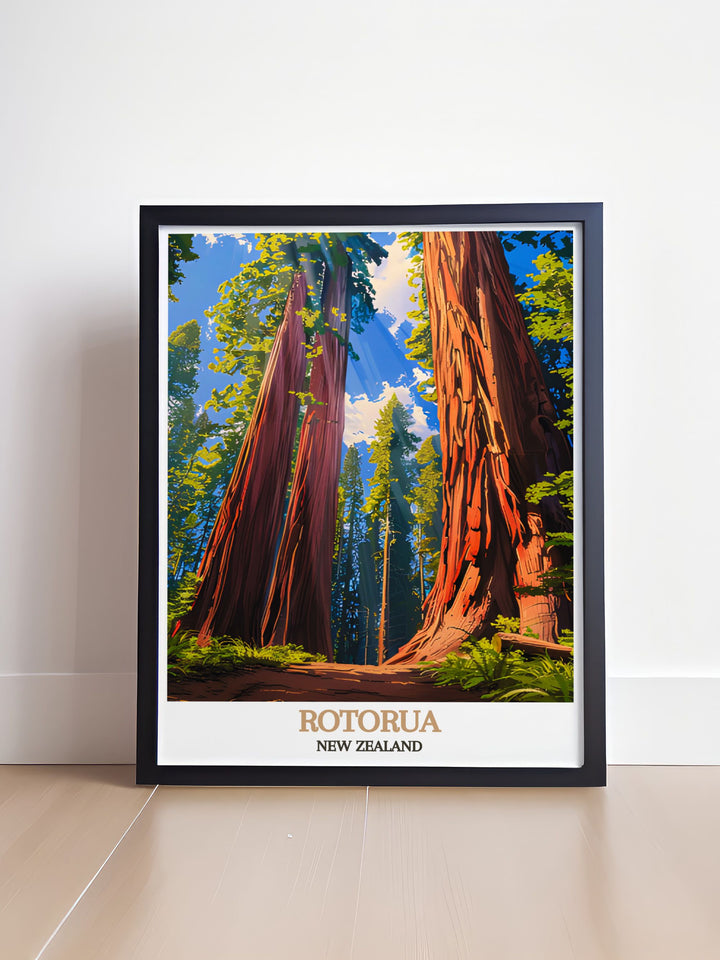 Serene Redwoods Forest wall art depicting the peaceful atmosphere and towering trees of Rotorua New Zealand. Ideal for creating a calming environment in any space. This artwork is a beautiful representation of the Redwoods Forest’s natural beauty.