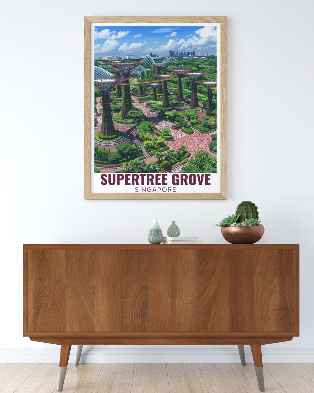 Singapore wall art featuring Supertree Grove from an aerial perspective. The vibrant colors and modern design make it the perfect gift for lovers of Singapore art and contemporary decor.