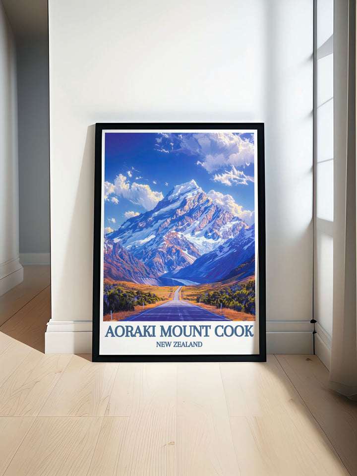 Fine art print of Aoraki Mount Cook showcasing the stunning mountain peaks against a clear blue sky, perfect for adding a touch of nature to your living space.