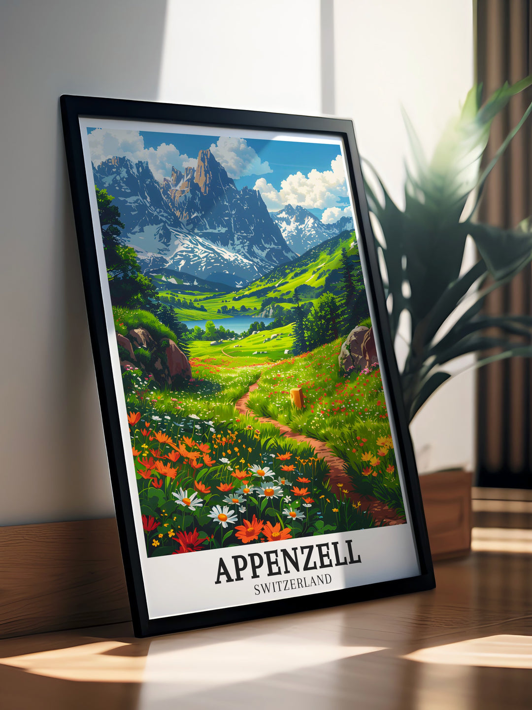 Appenzell travel poster capturing the picturesque Swiss village set against the dramatic Alpstein massif and the serene Seealpsee Lake. This print is perfect for those who appreciate Swiss culture and stunning landscapes.