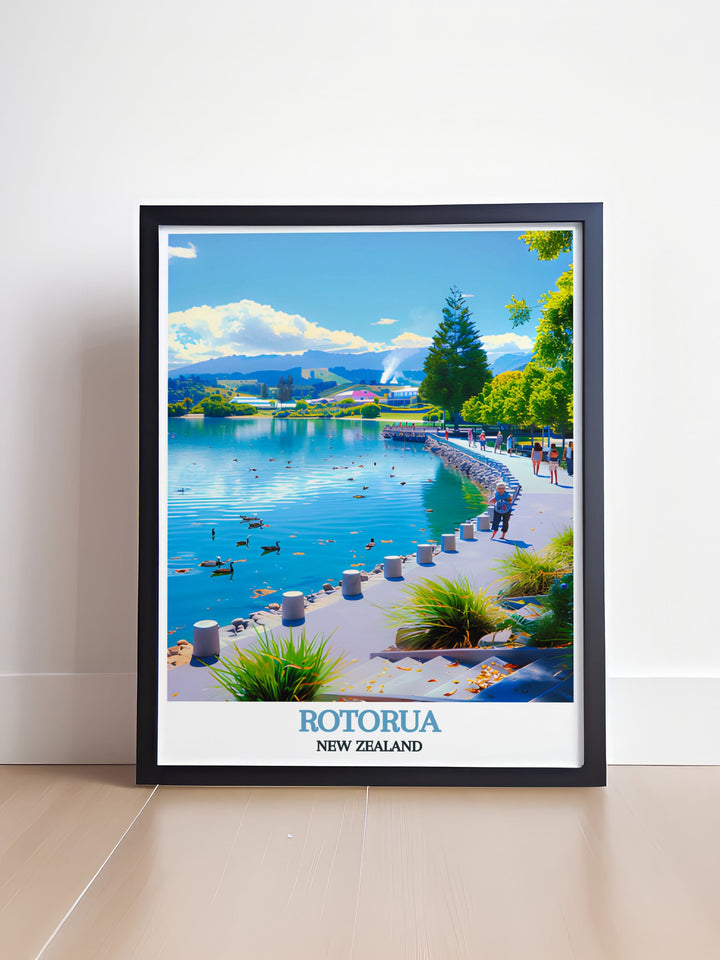 Serene Lake Rotorua wall art depicting the peaceful waters and lush landscapes of Rotorua New Zealand. Ideal for creating a calming atmosphere in any space. This artwork is a beautiful representation of New Zealands natural beauty.
