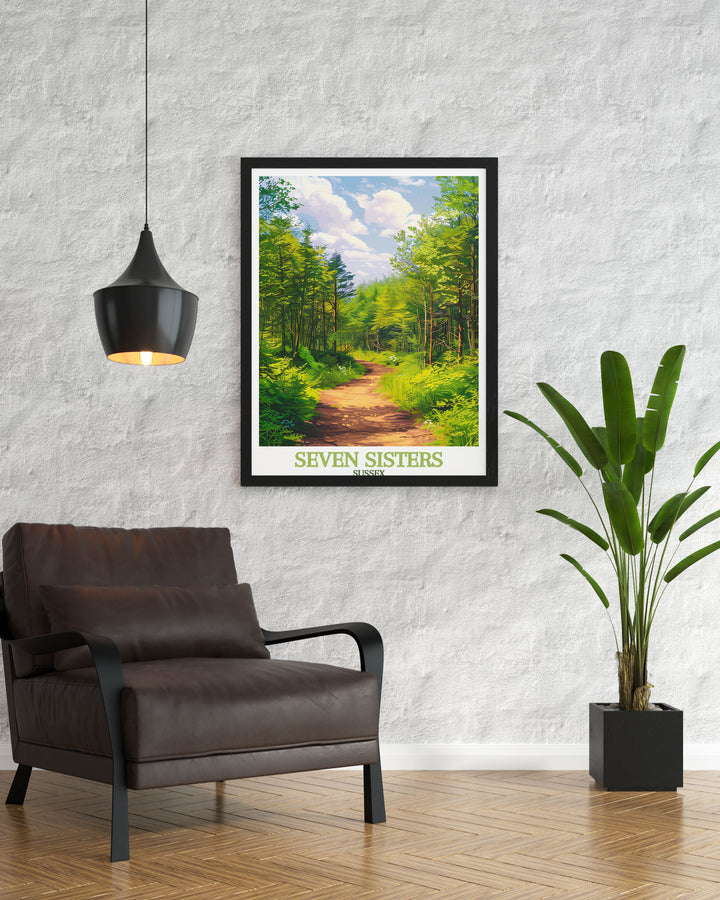 Beautiful Friston Forest framed print highlighting the iconic Seven Sisters cliffs visible from the forest perfect for adding a touch of nature to any room and creating a peaceful atmosphere