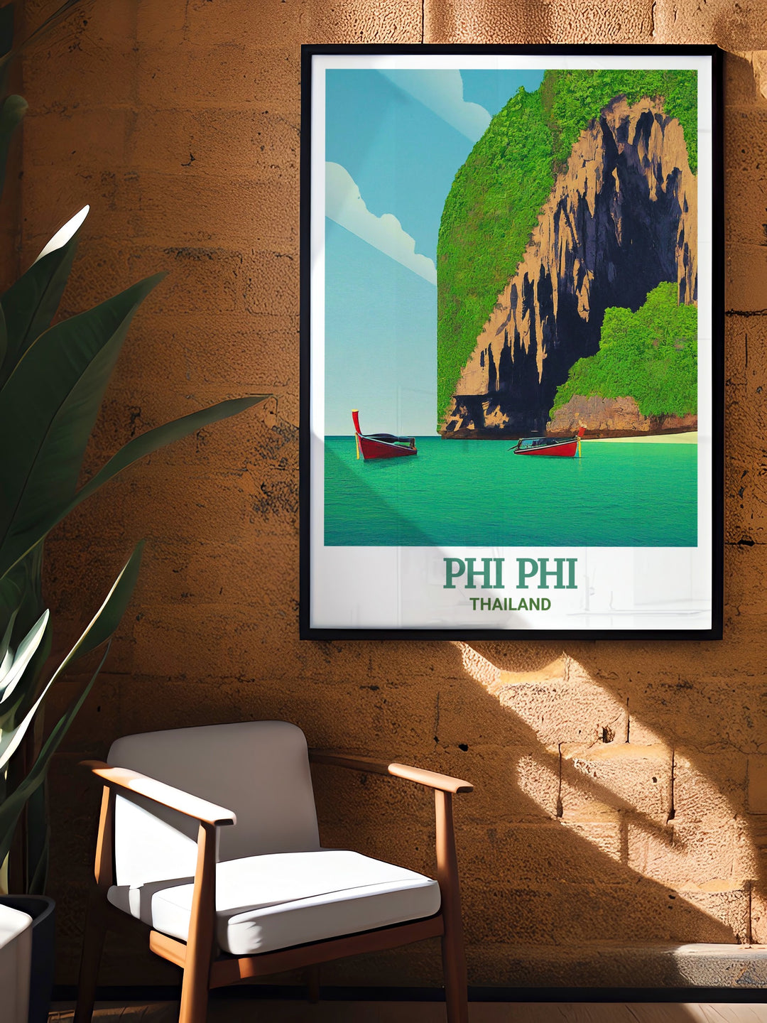 Thailand travel poster showcasing the mystical Viking Cave on Phi Phi Islands, where the ancient meets the natural in a breathtaking display. This detailed wall print is ideal for anyone looking to bring a piece of Thailands rich history and natural beauty into their living space.