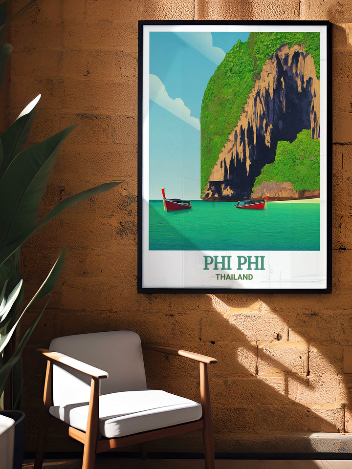 Thailand travel poster showcasing the mystical Viking Cave on Phi Phi Islands, where the ancient meets the natural in a breathtaking display. This detailed wall print is ideal for anyone looking to bring a piece of Thailands rich history and natural beauty into their living space.