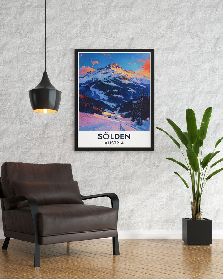 Featuring the iconic Solden Ski Resort and Gaislachkogl Peak, this poster celebrates the expansive ski terrain and breathtaking mountain vistas, inviting viewers to explore one of Austrias premier winter destinations.