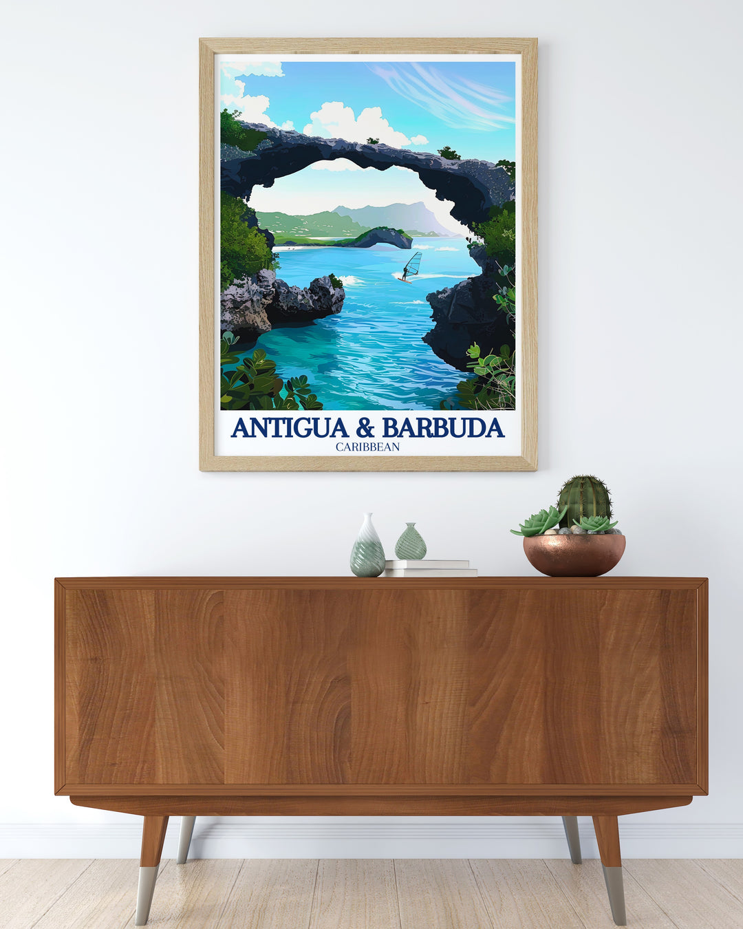 Antigua Travel Print showcasing the stunning scenery of Antigua and Barbuda, including the iconic Dickenson Bay. The print offers a vibrant portrayal of the islands, perfect for enhancing your home decor with a touch of tropical paradise