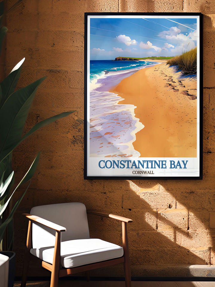 Capture the essence of Cornwalls coastline with our detailed art prints, showcasing the stunning beauty of Constantine Bay Beach. The golden sands, clear waters, and dramatic cliffs provide a perfect backdrop for a relaxing and memorable beach day.