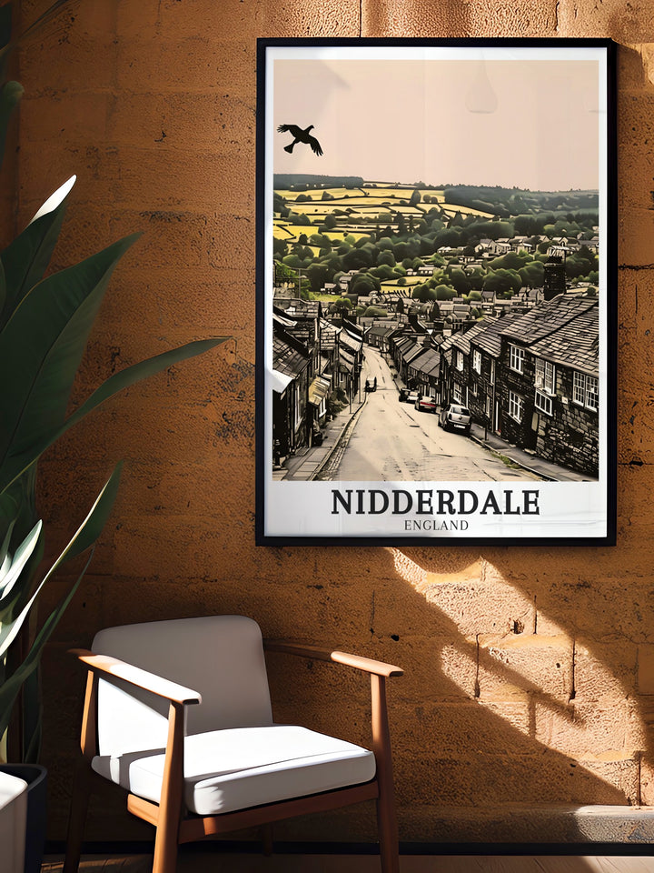 Brimham Rocks travel poster highlighting the natural wonder of Nidderdale AONBs famous rock formations. The framed art captures the rugged beauty of this National Trust site, making it a perfect gift for outdoor lovers.