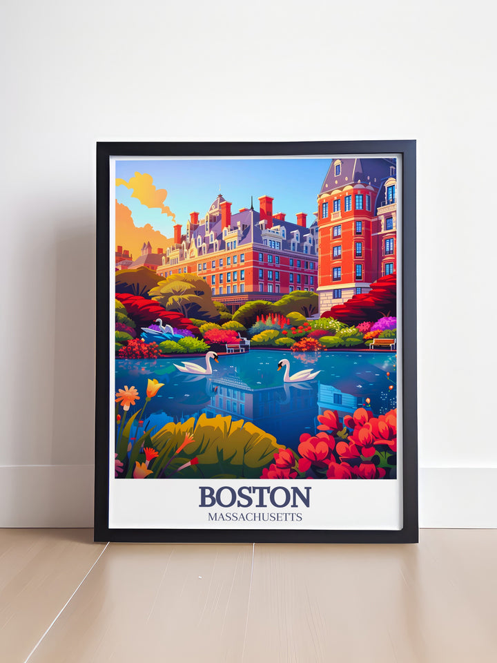 Boston Poster Print offers a vibrant look at Bostons Public Garden and Downtown area, bringing together the peaceful greenery of the park and the bustling energy of the city. This travel print is ideal for those who appreciate the beauty of both nature and cityscapes.