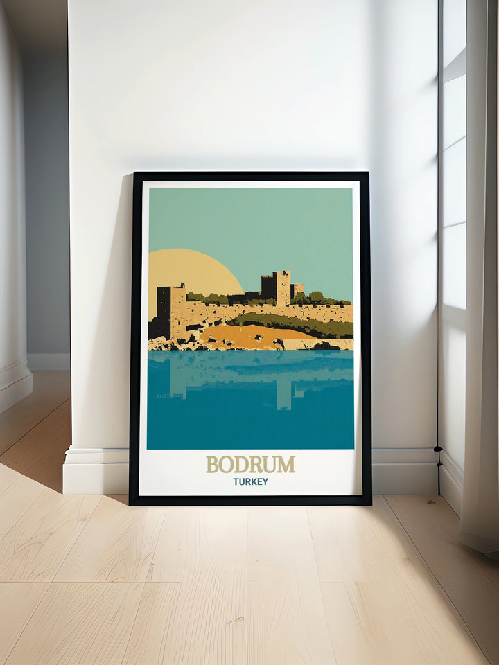 Bodrum Castle art print showcasing the historical beauty of Bodrum Turkey perfect for adding cultural elegance to your home decor. This Turkey wall art features the majestic Bodrum Castle in a timeless and detailed artistic representation.