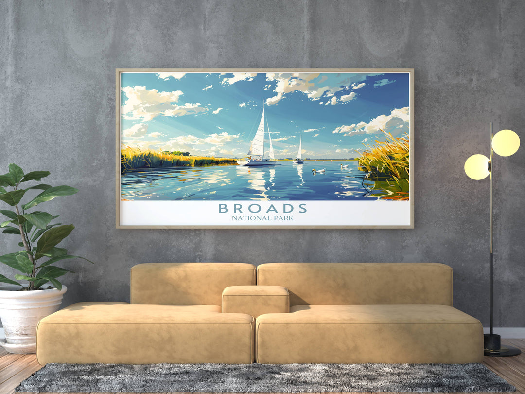 Enhance your living space with a Hickling Broad art print. This piece showcases the vibrant colors and serene beauty of the Norfolk Broads, making it a perfect addition to your collection of National Park Prints and vintage travel posters.