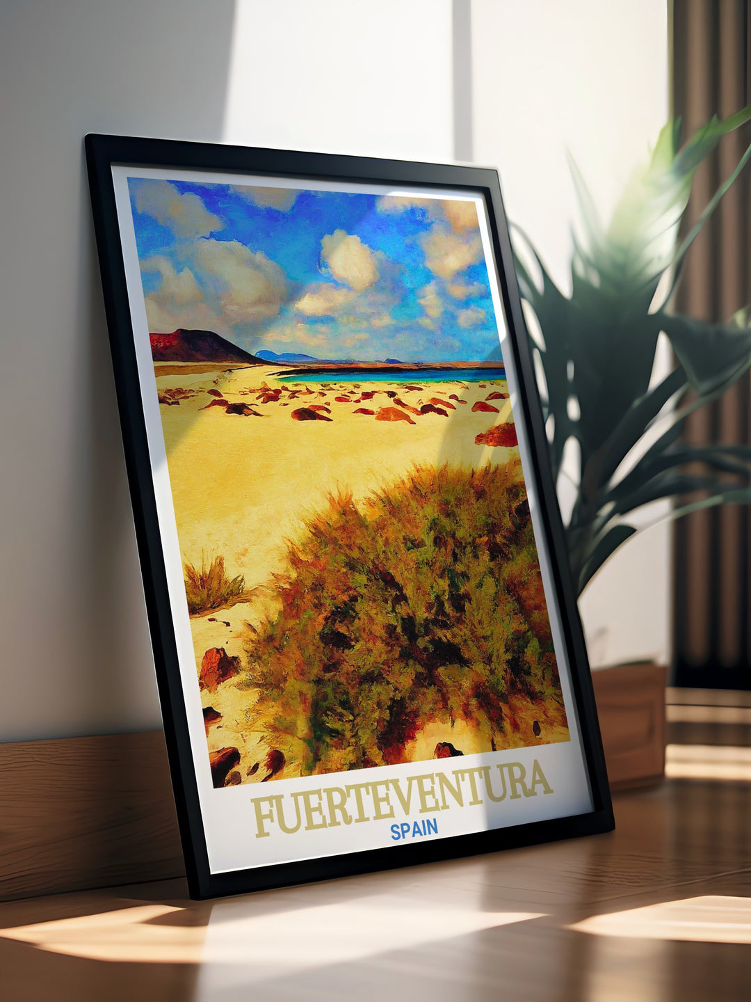 Fuerteventura art print showcasing Corralejo Natural Park, a must have for those who appreciate the natural beauty of Spain. The poster captures the wild charm of the Canary Islands and is perfect for home living decor or as a travel gift.